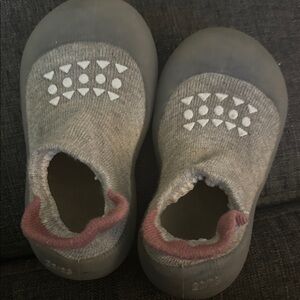 Gray Kids Socks Shoes with Dark Pink Trim